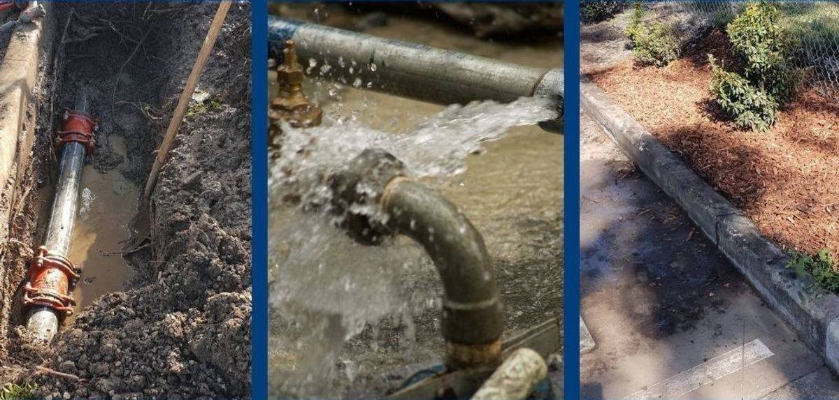 Three views of burst and leaking underground pipework