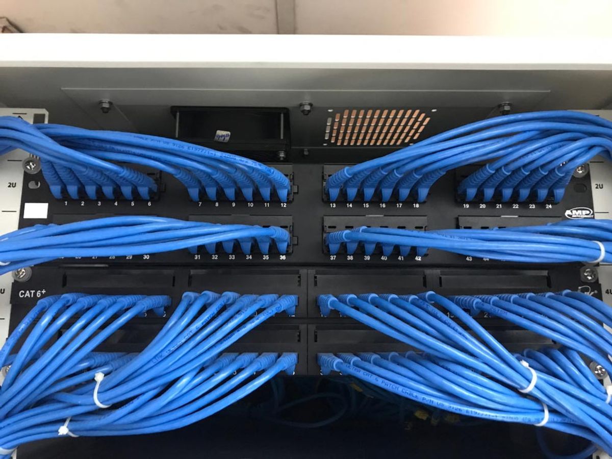Blue network cables dressed neatly into rack-mounted patch panels