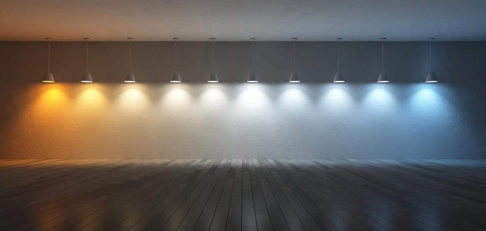 A row of pendant lights graduating from warm white to cool white