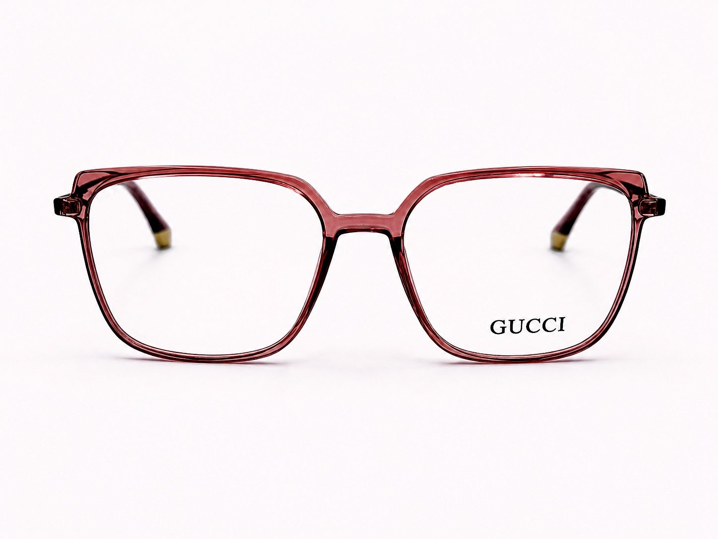 Gucci Square Eyeglasses – Translucent Rose Crystal Frame with Gold Metal Temples