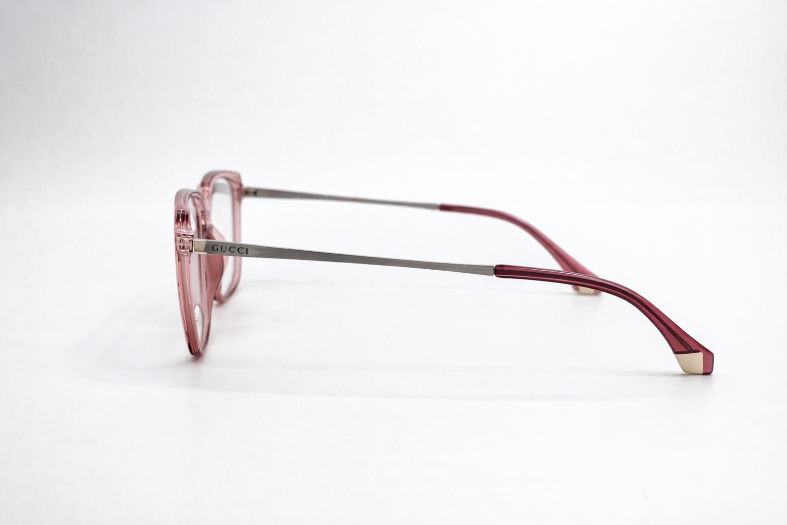 Gucci Square Eyeglasses – Translucent Rose Crystal Frame with Gold Metal Temples