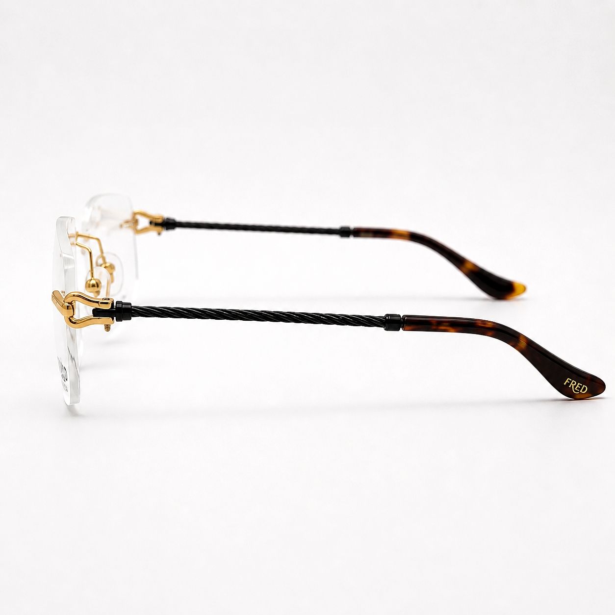 Fred Lunettes Rectangular Glasses - Metal Frame Rimless Blackish Silver with Golden