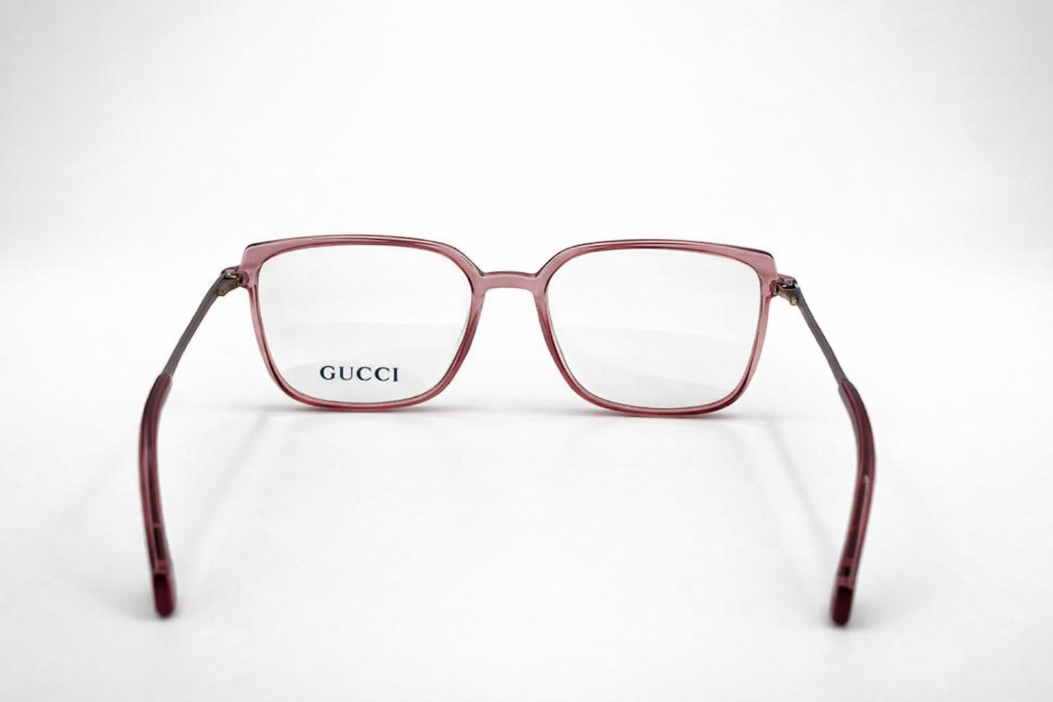 Gucci Square Eyeglasses – Translucent Rose Crystal Frame with Gold Metal Temples