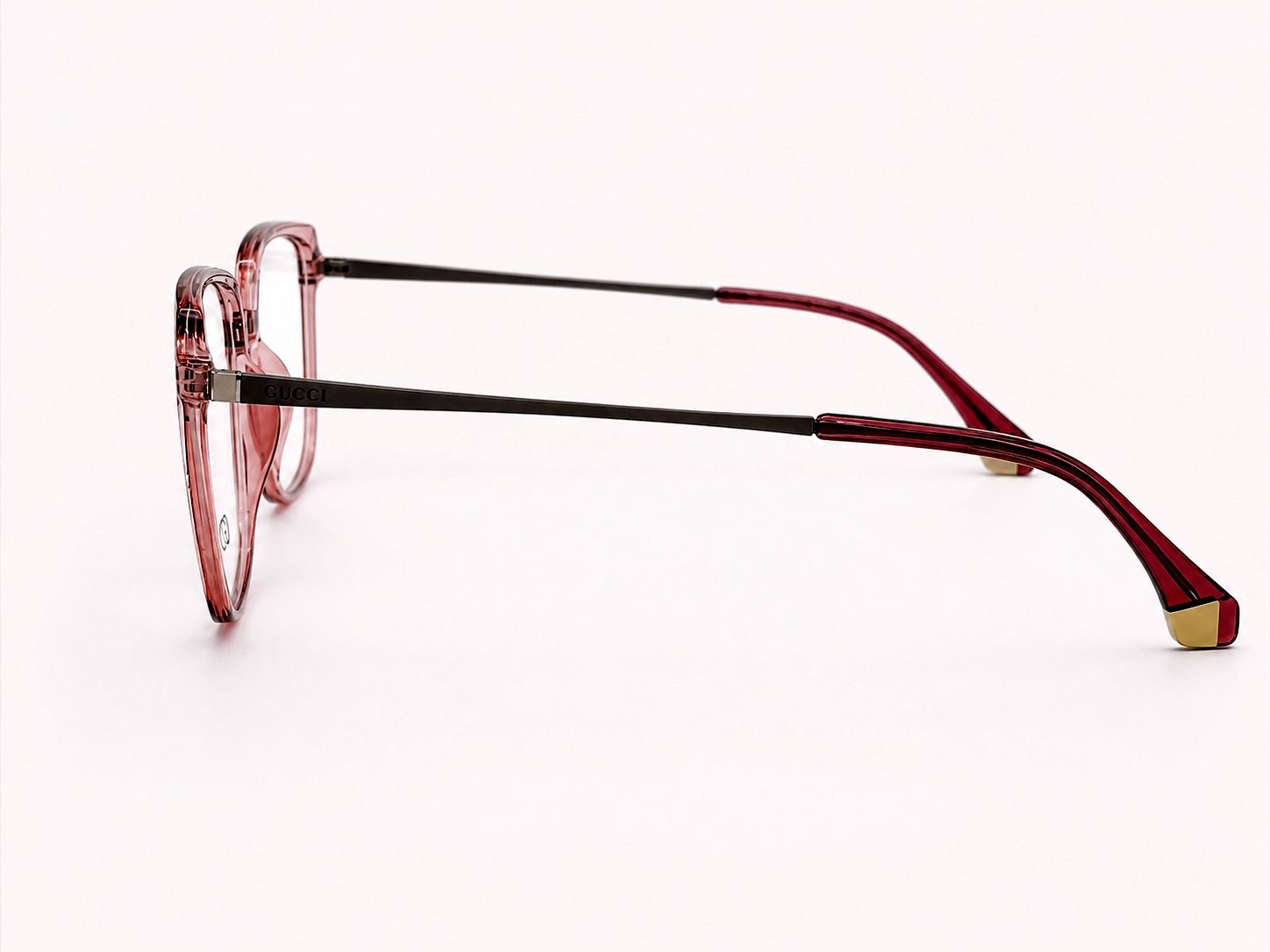 Gucci Square Eyeglasses – Translucent Rose Crystal Frame with Gold Metal Temples