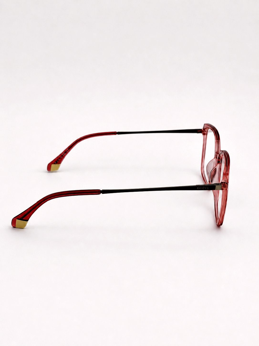 Gucci Square Eyeglasses – Translucent Rose Crystal Frame with Gold Metal Temples