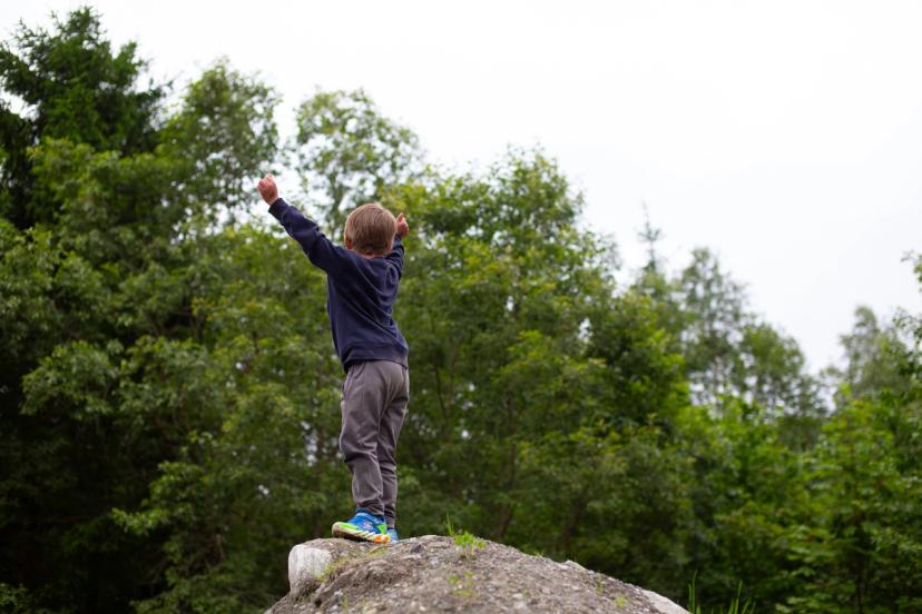 a young boy is standing on top of a rock with his arms in the air .
