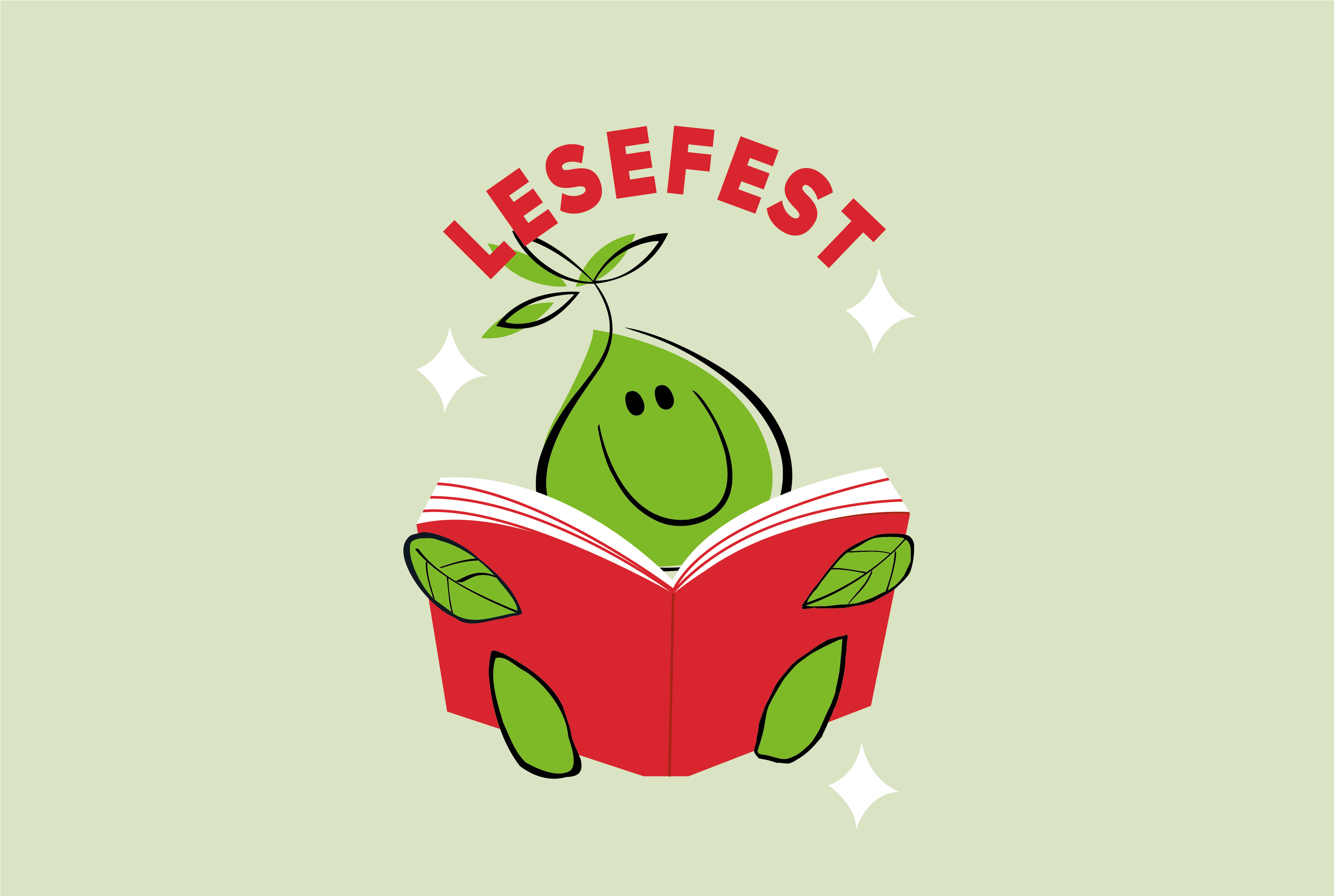 a green pear is reading a book with the words lesefest around it