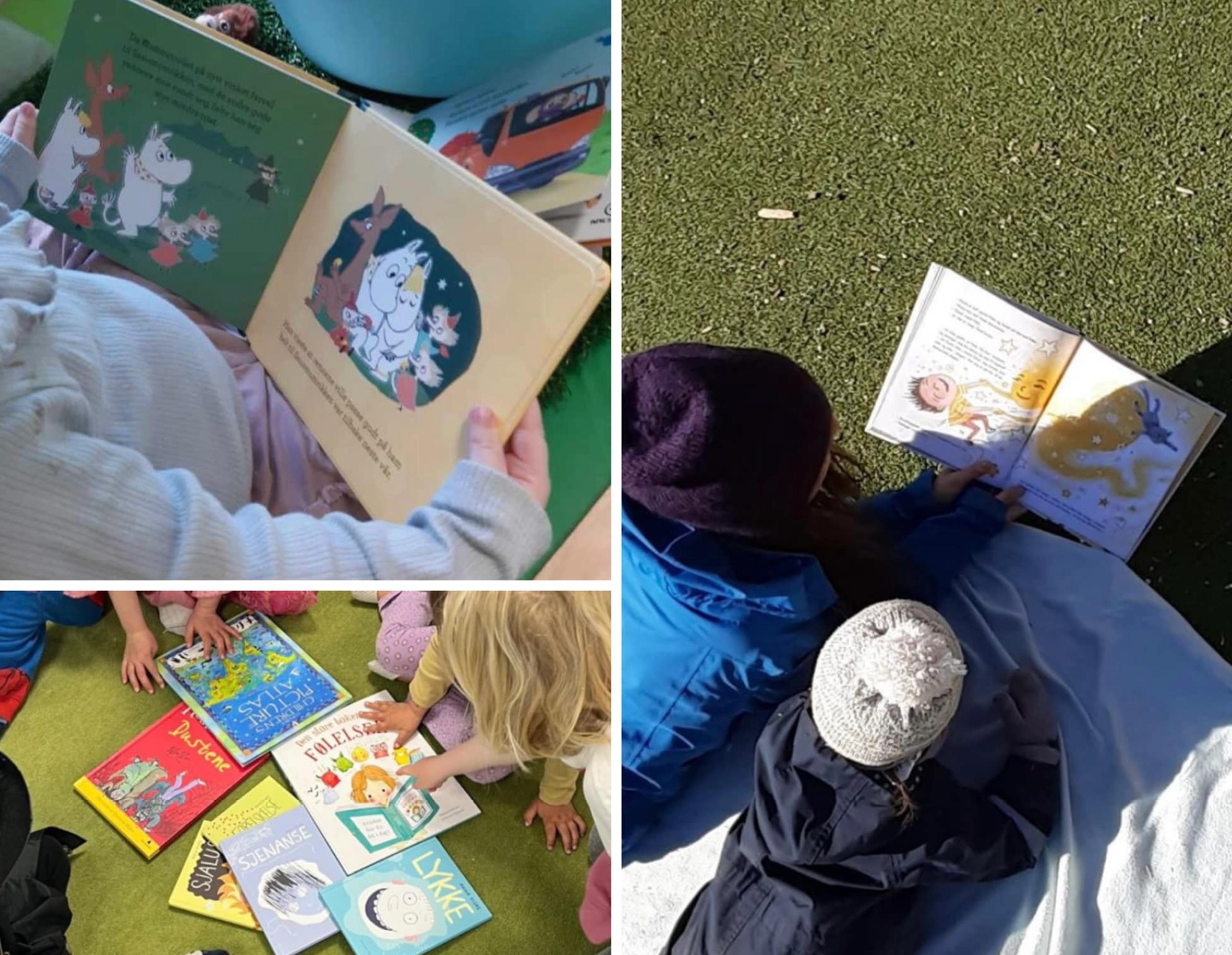 Barn som leser sammen ute i Espira Årosfjellet 