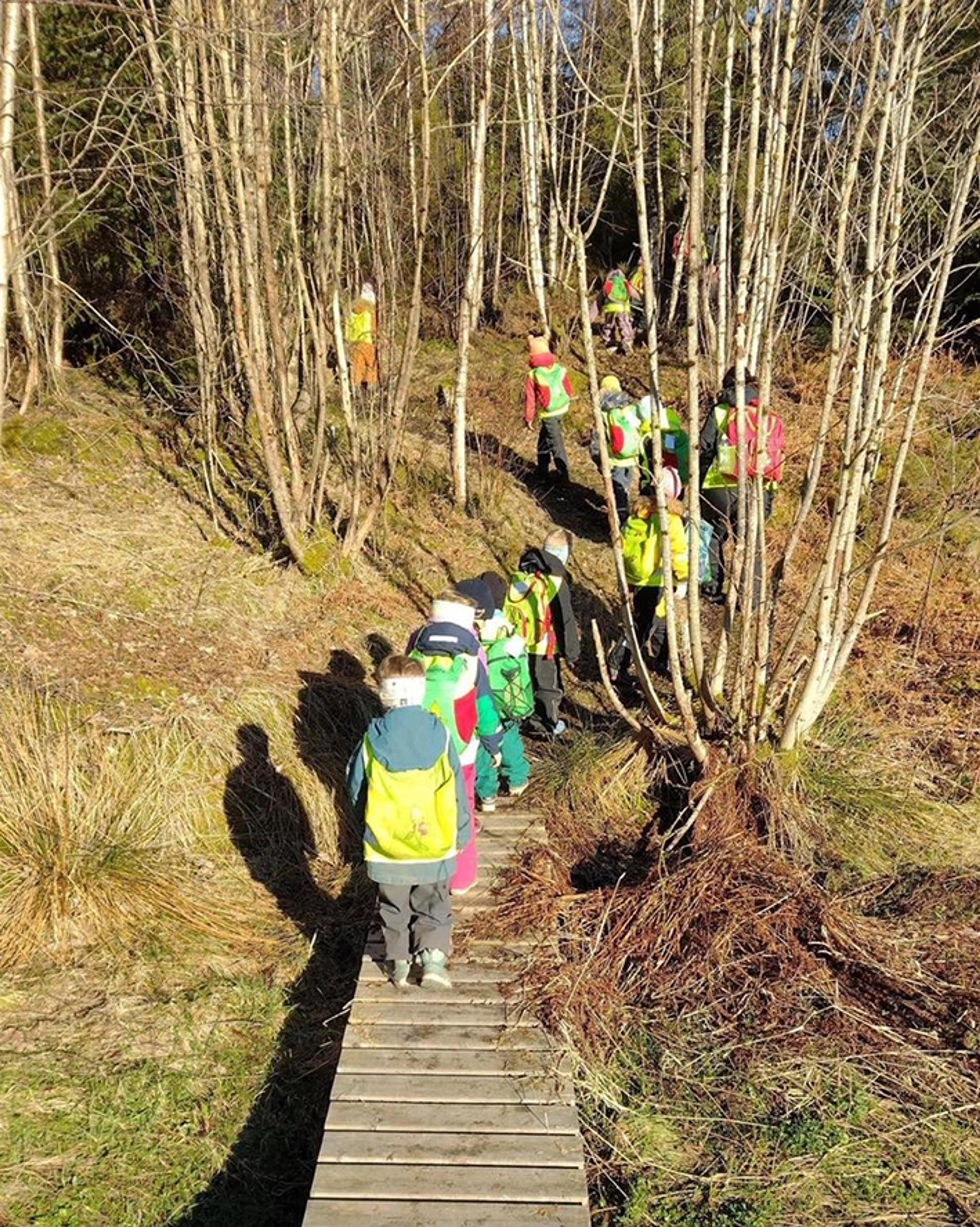 Barn på tur i skogen i Espira Finnås