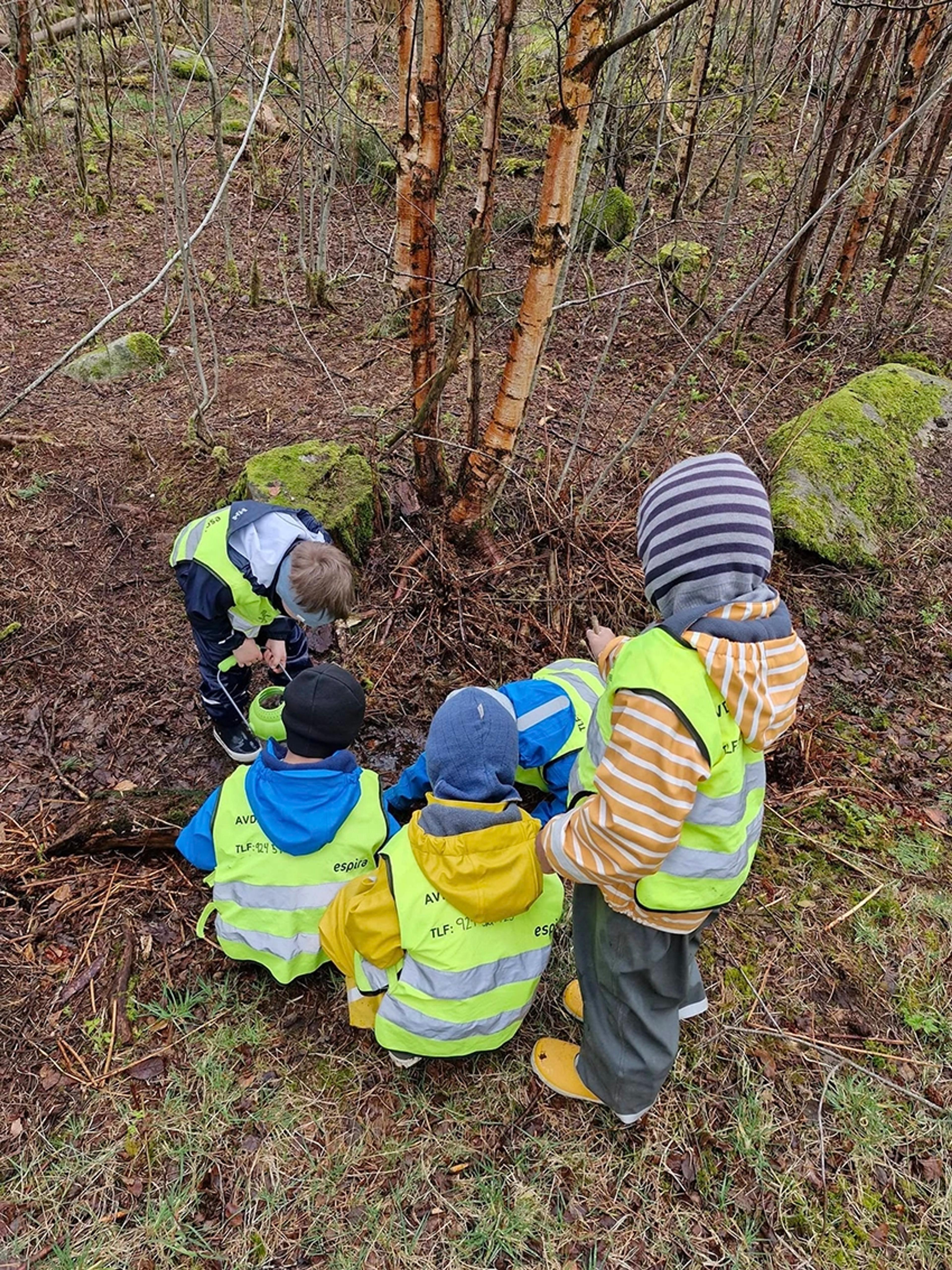 Barn på tur i skogen i Espira Krystallveien