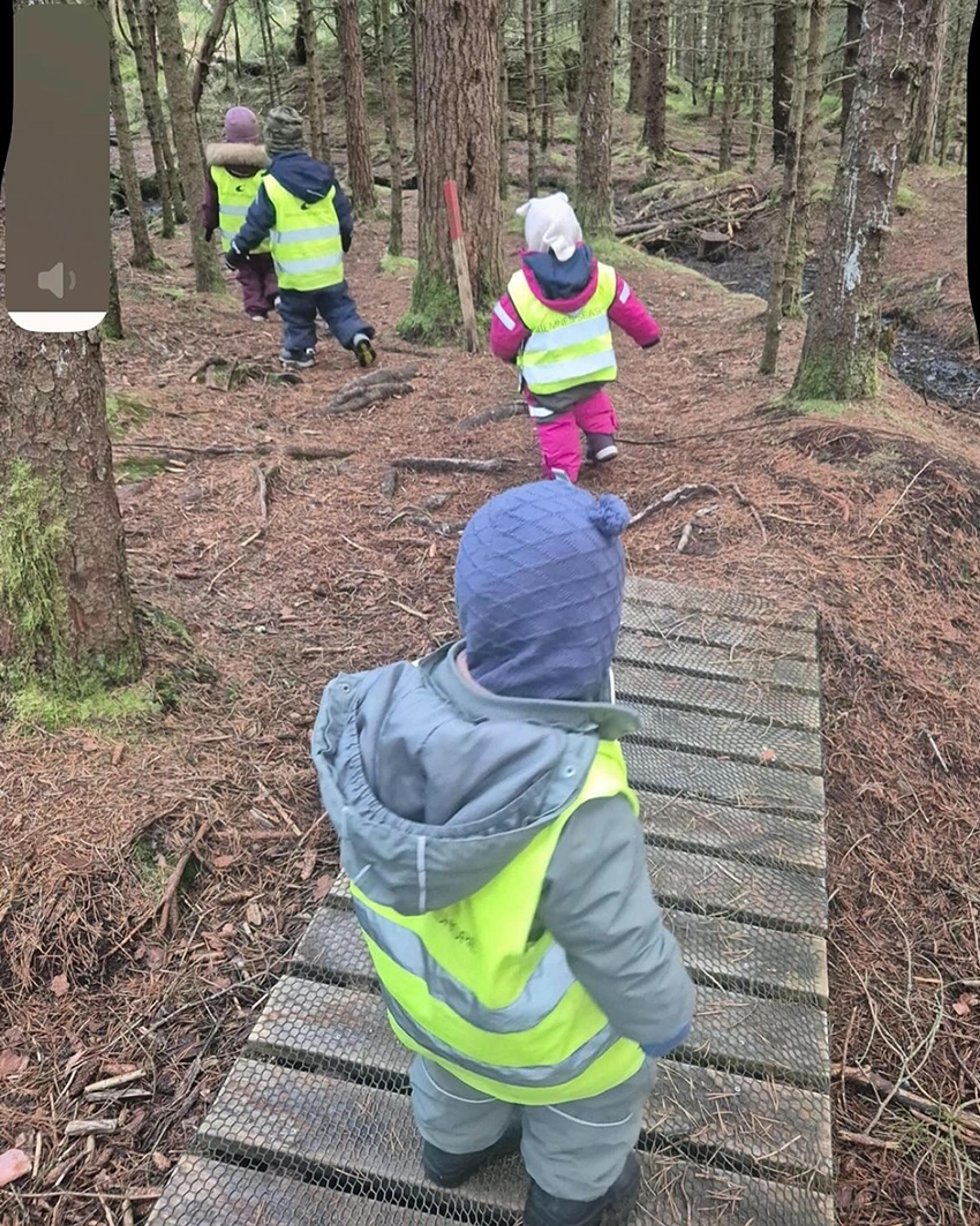 Barn som leker i skogen ved Espira Hollund barnehage