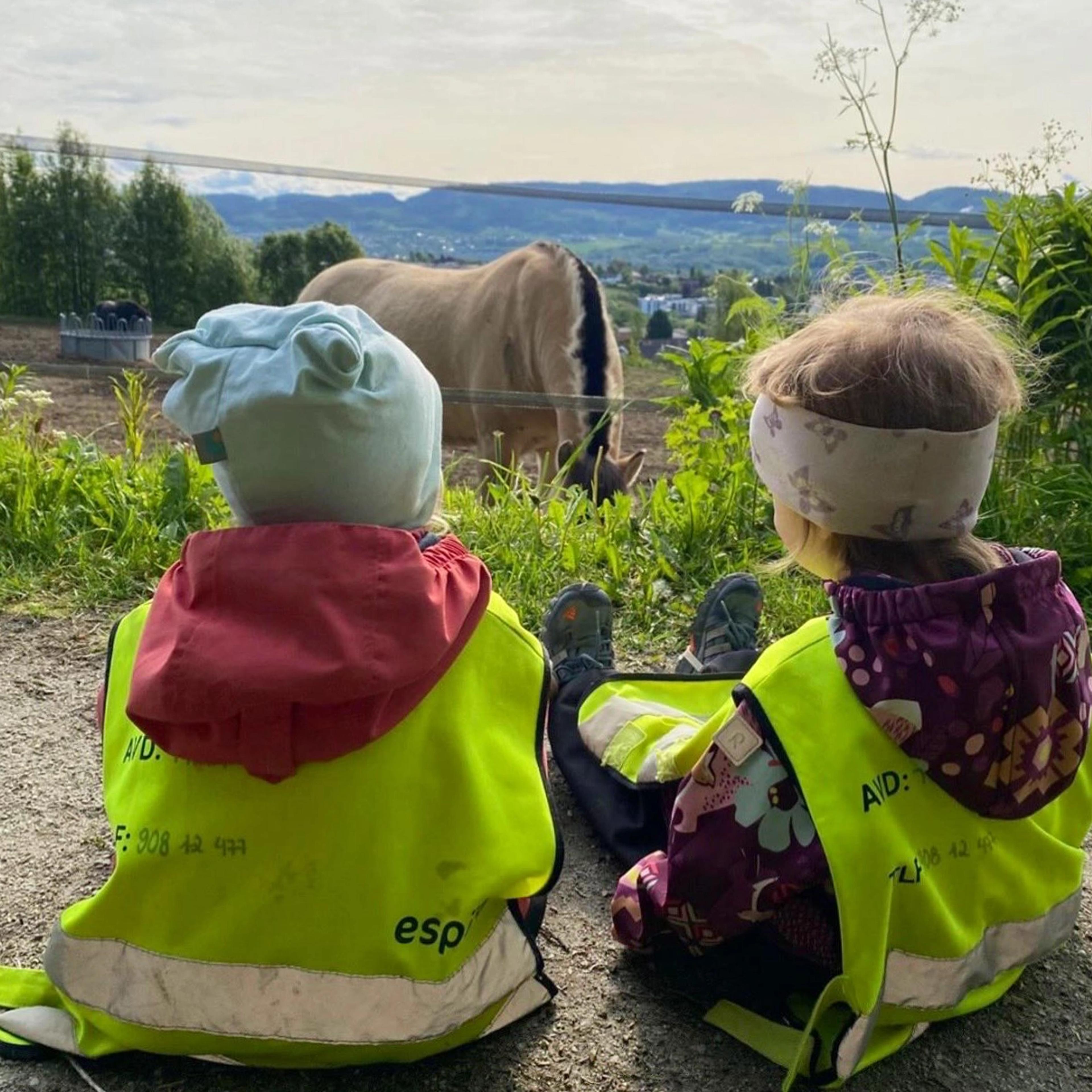 Espira Kystad gård gårdsbarnehage - barn som ser på hest 