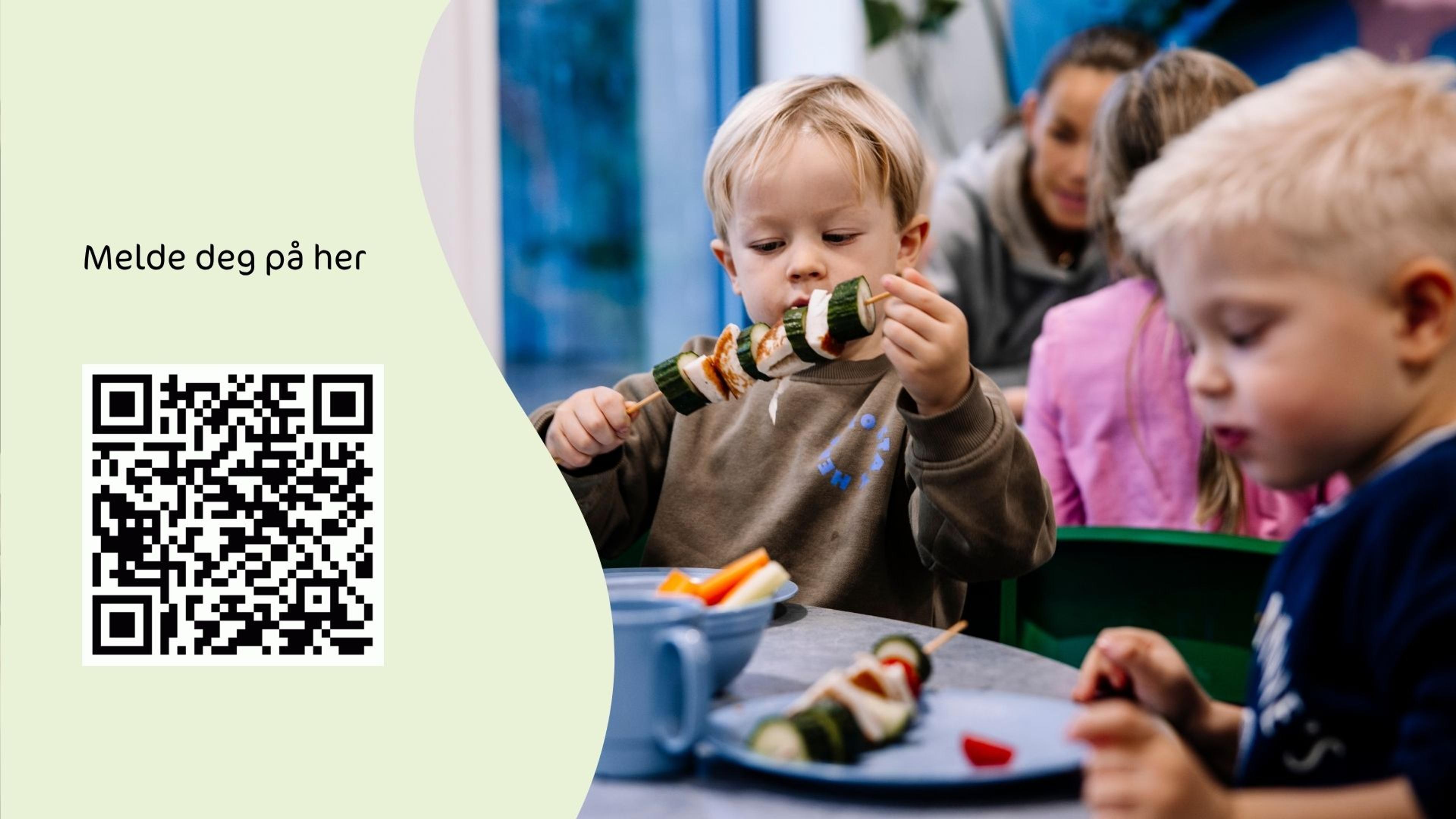 Bilde av barn som spiser med QR-kode til påmeldingsskjema