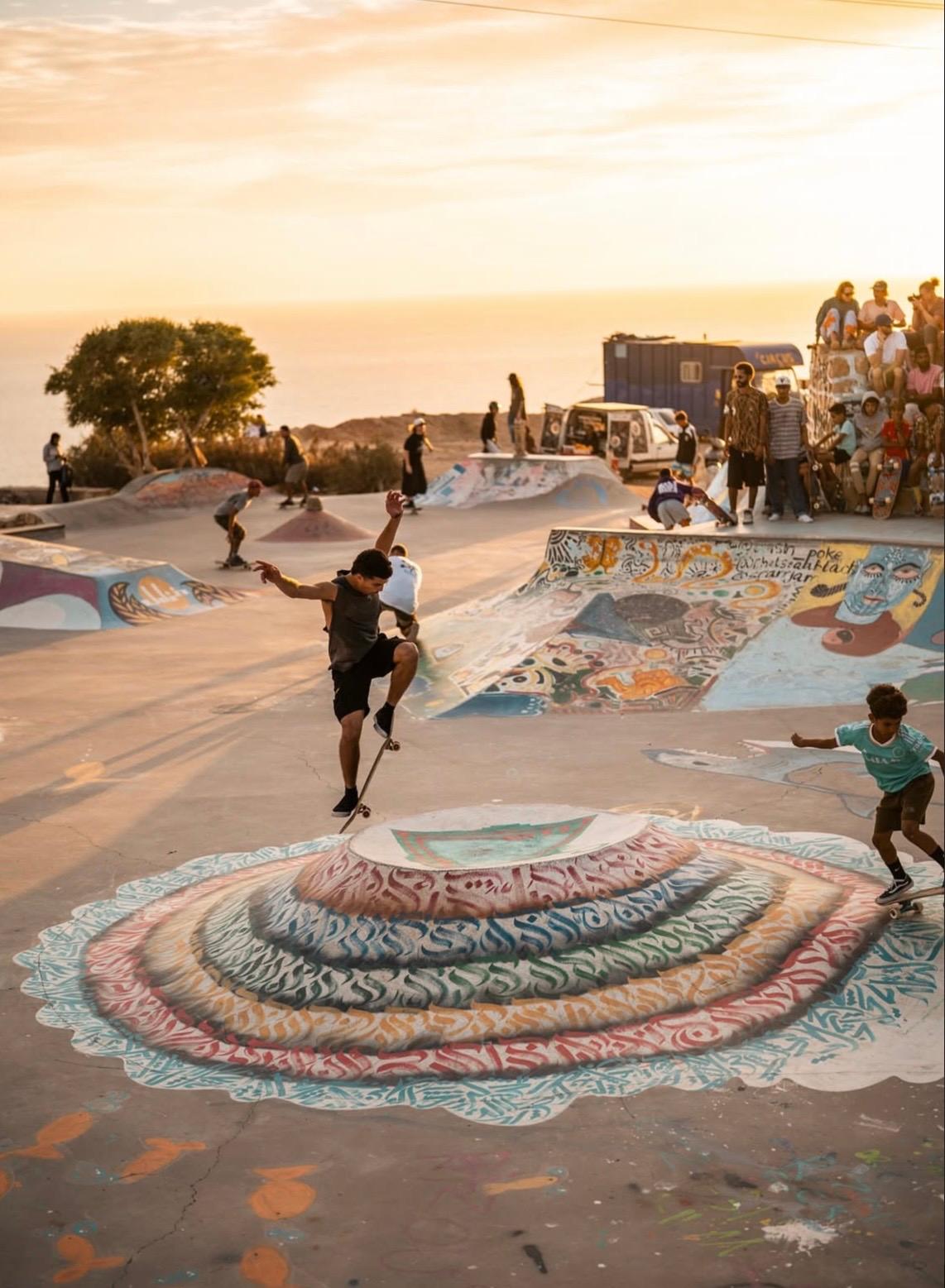 Skateboarding trick at Taghazout skatepark at sunset