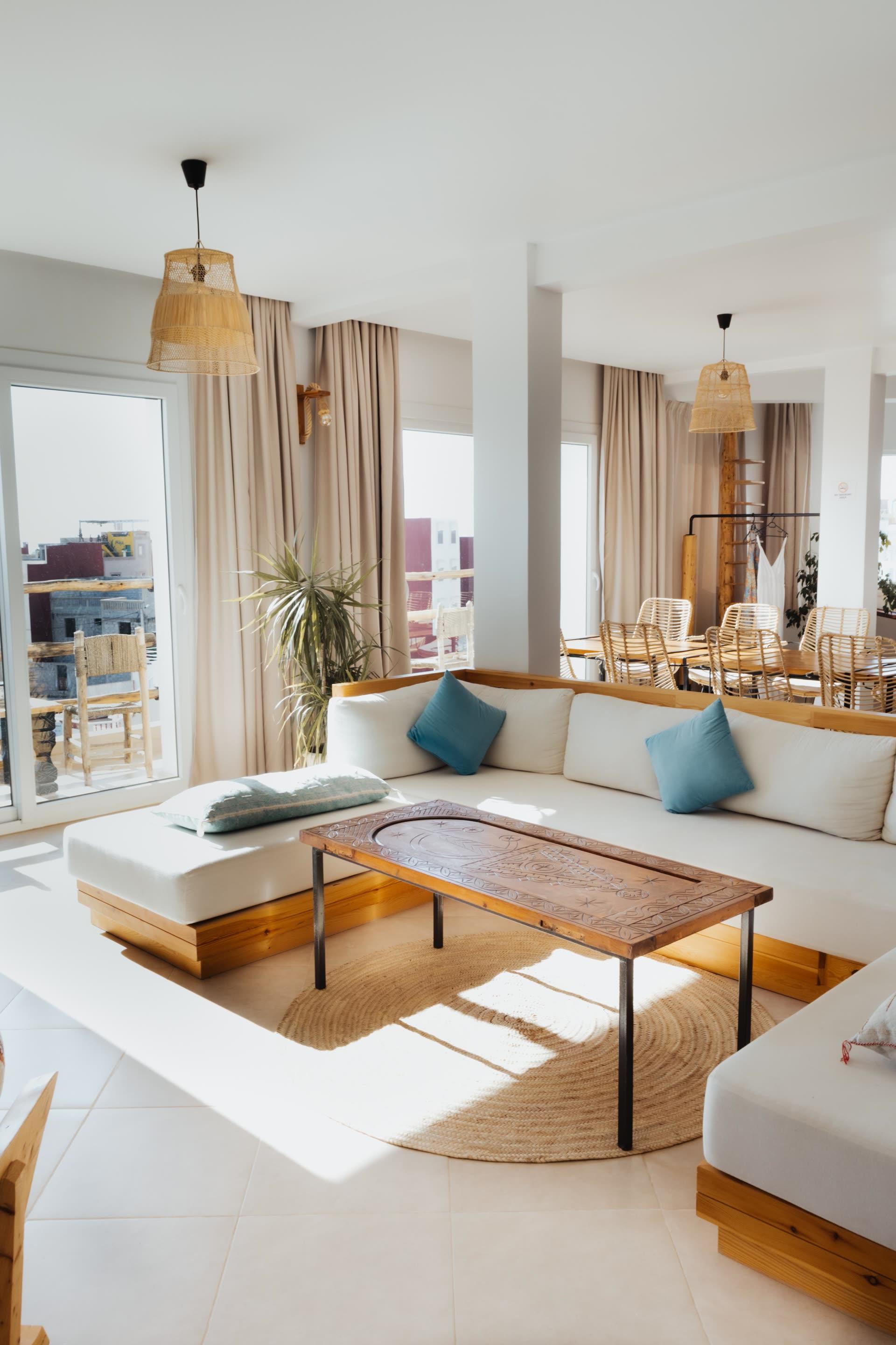Cozy lounge interior at the Sea Me Smile surf house