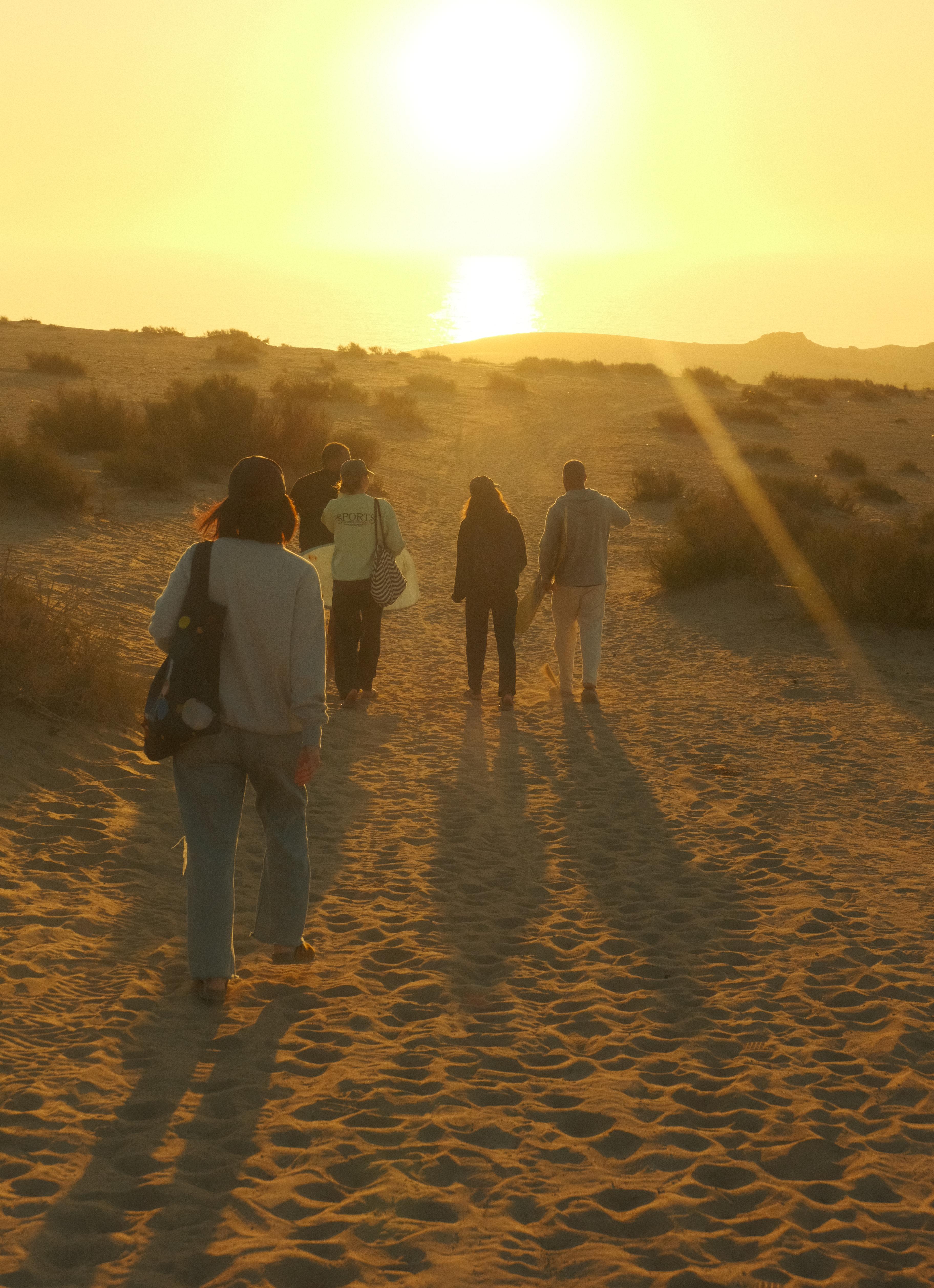 Group walking the desert dunes at golden hour, Morocco