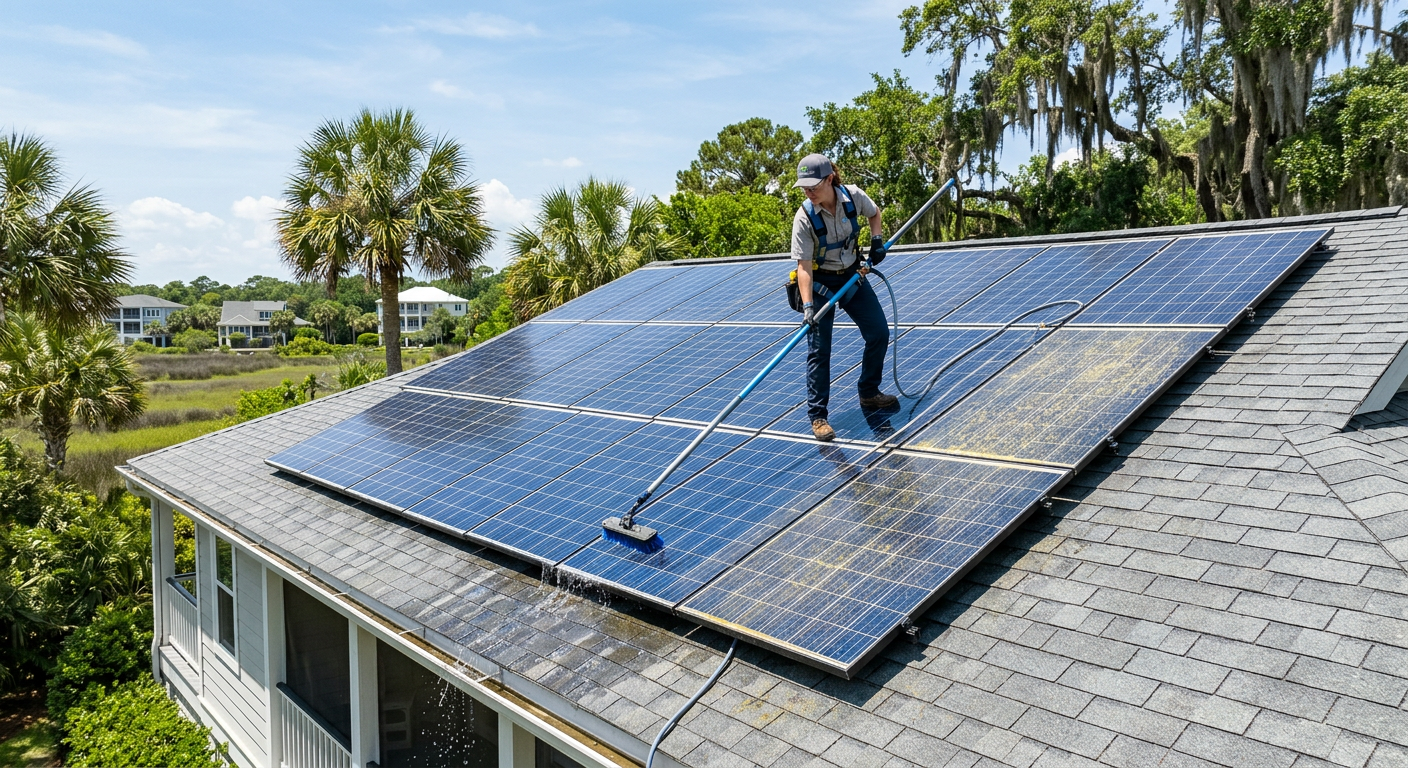 Technician cleaning rooftop solar panels with a soft brush pole on a Charleston, SC home