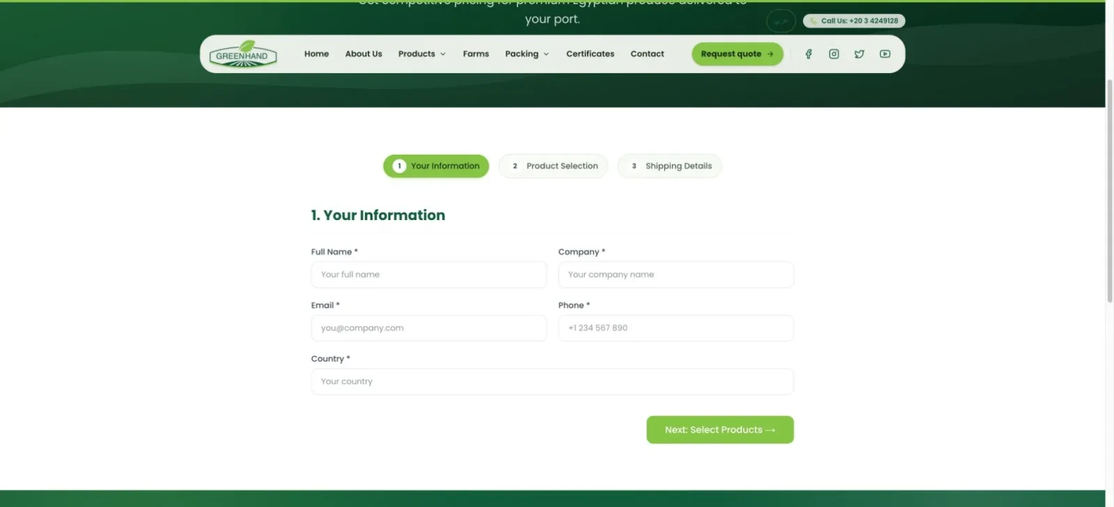 Multi-step export quote form for product, packing and delivery requirements