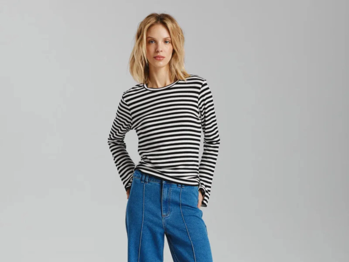 stylizacja z longsleevem w paski oraz jeansami