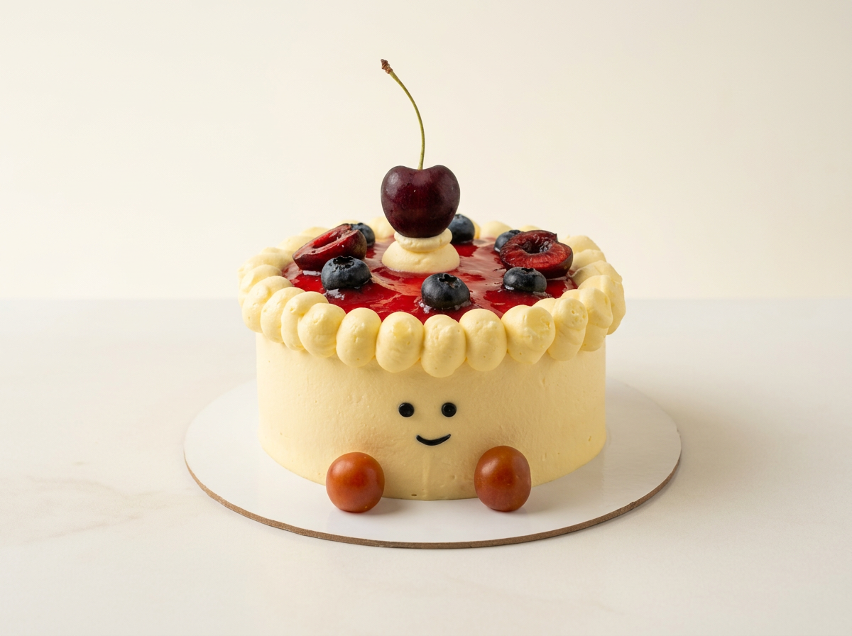 Jellycat-inspired cream cake with a smiley face and little feet, topped with berry glaze, blueberries and a cherry
