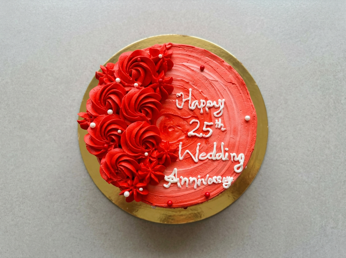 Red Rosette 25th Anniversary Cake — topdown view