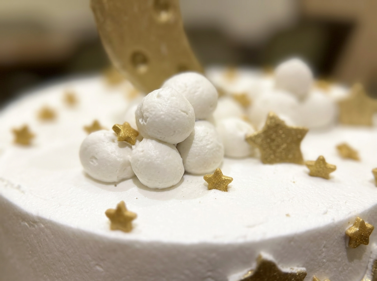 Moon & Stars Two-Tier Celebration Cake — closeup view
