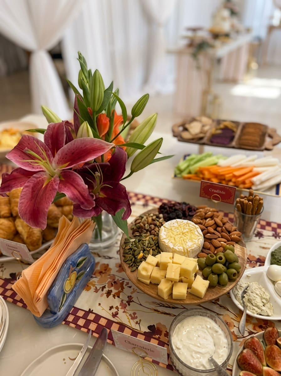 Grazing table scene with pink lilies and a cheese board