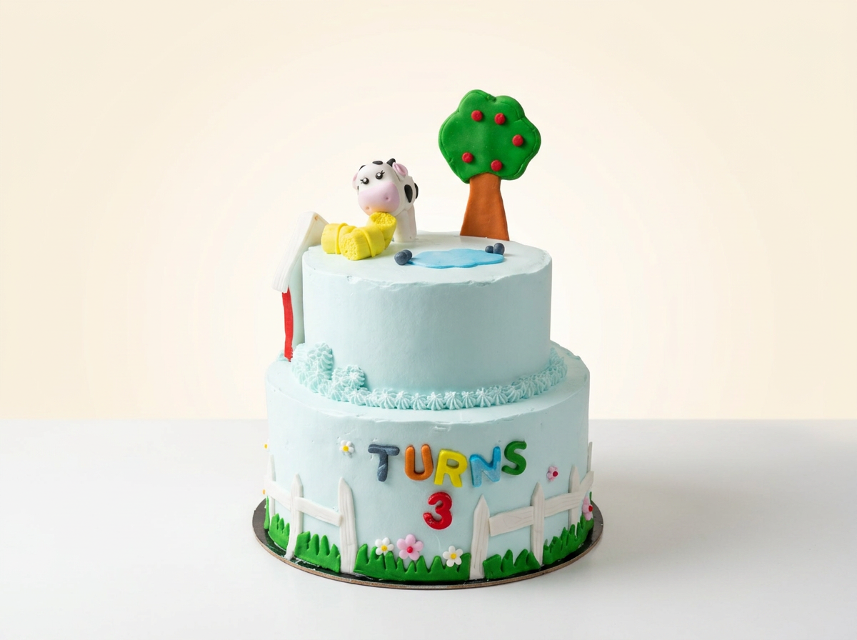 Two-tier pale blue farmyard cake with fondant cow, apple tree, duck pond, white picket fence and colourful lettering