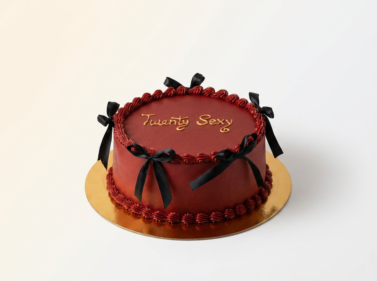 Deep red ribbon cake with sculpted black bows and gold Twenty Sexy lettering
