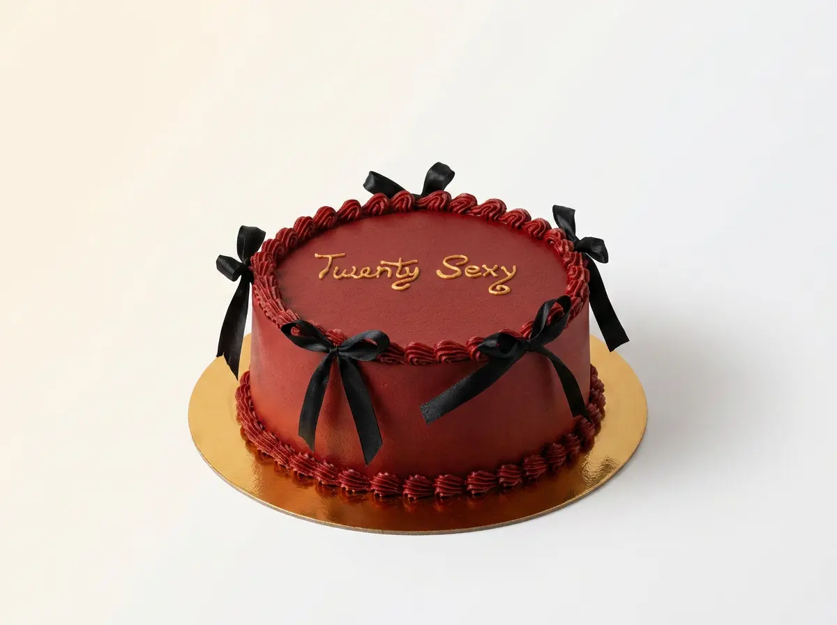 Deep red ribbon cake with sculpted black bows and gold Twenty Sexy lettering