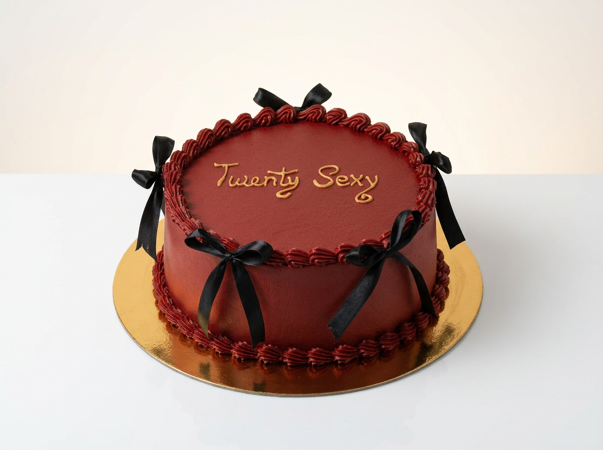 Deep Red 'Twenty Sexy' Birthday Cake — studio view