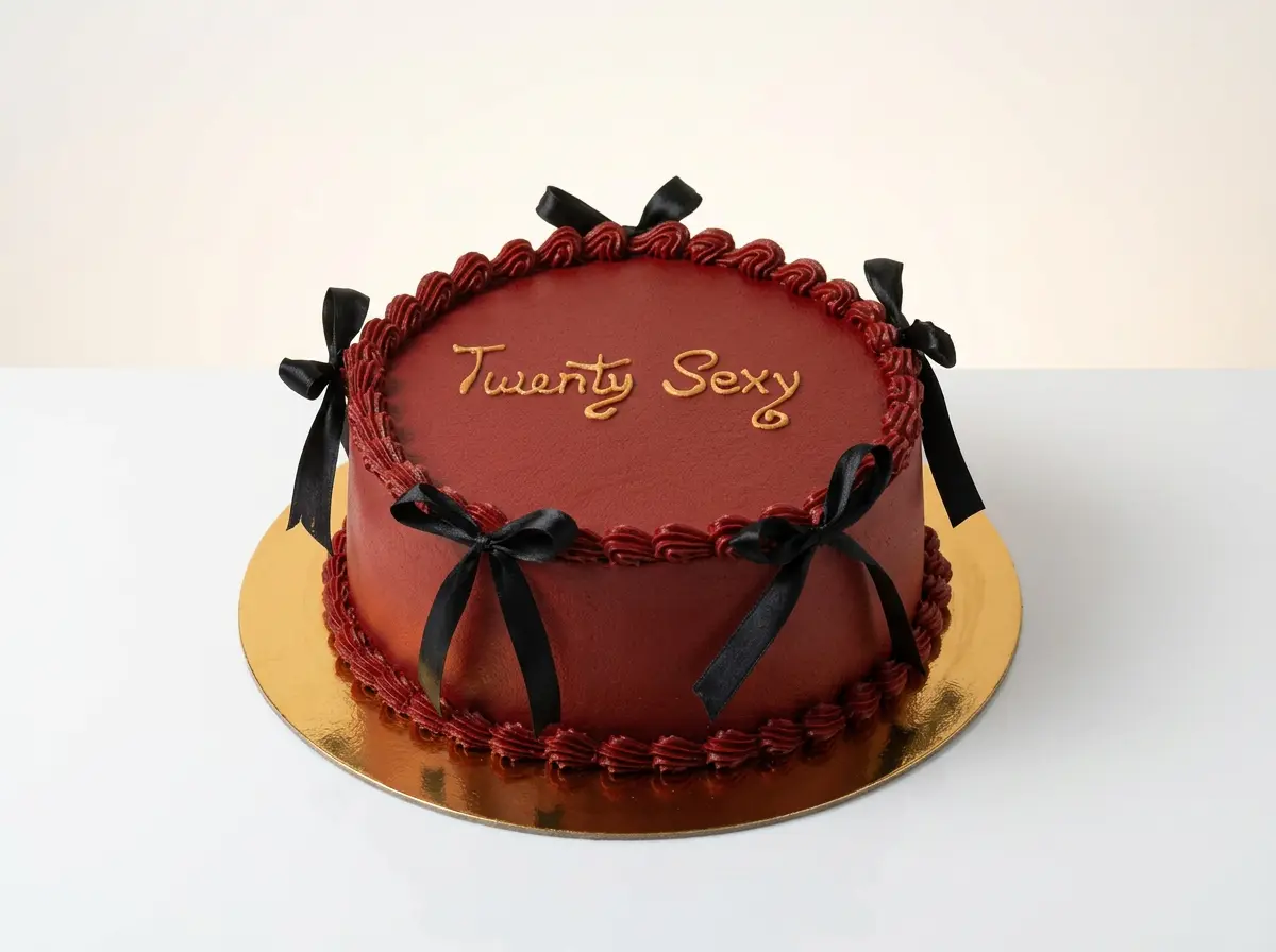 Deep Red 'Twenty Sexy' Birthday Cake — studio view