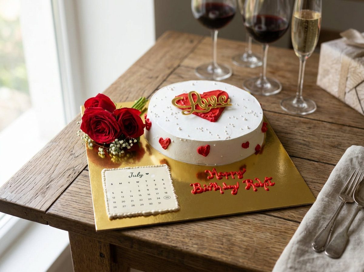 White buttercream cake with a red heart centre and gold Love topper
