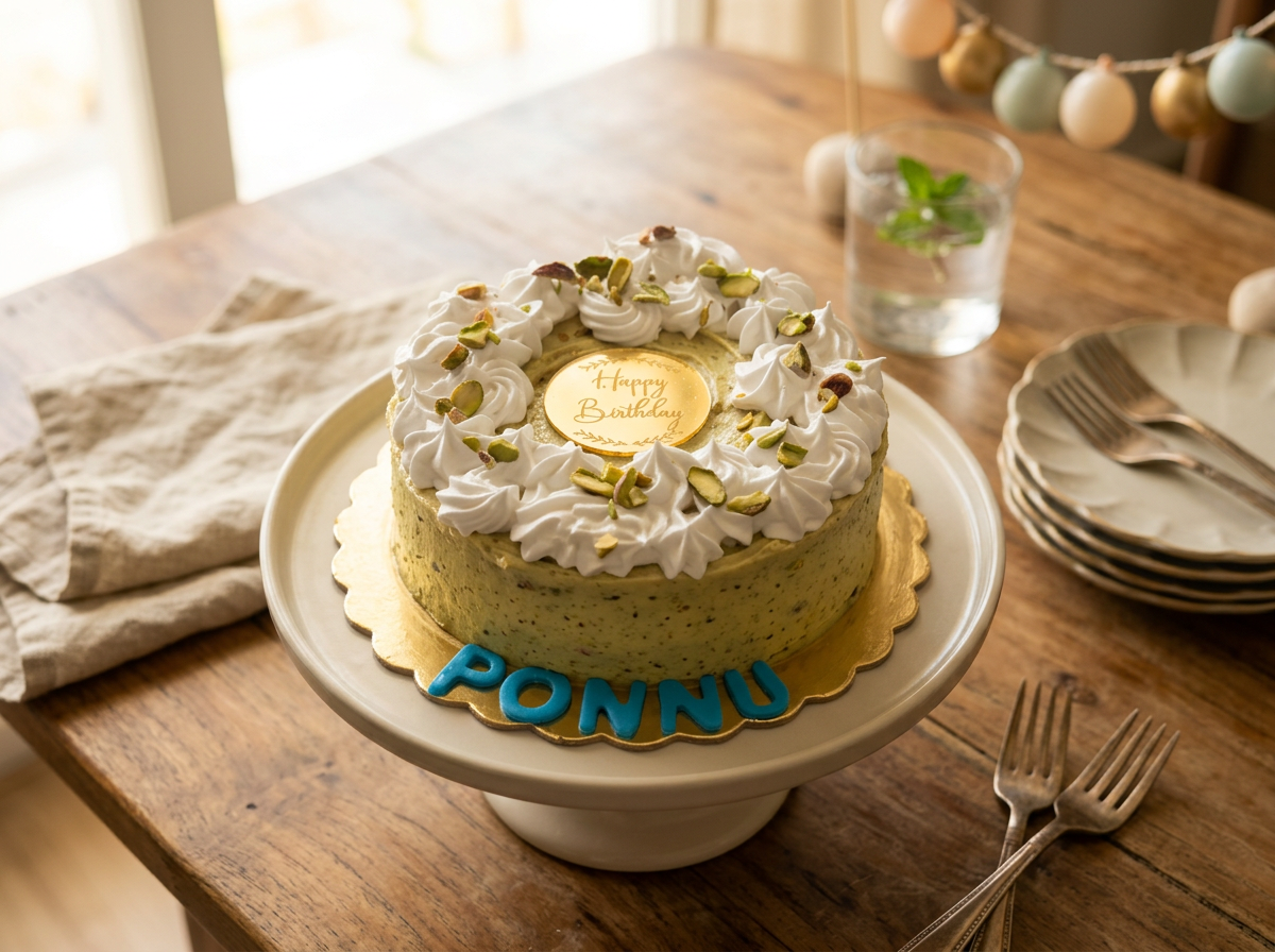 Pistachio Cream Rosette Birthday Cake — lifestyle view