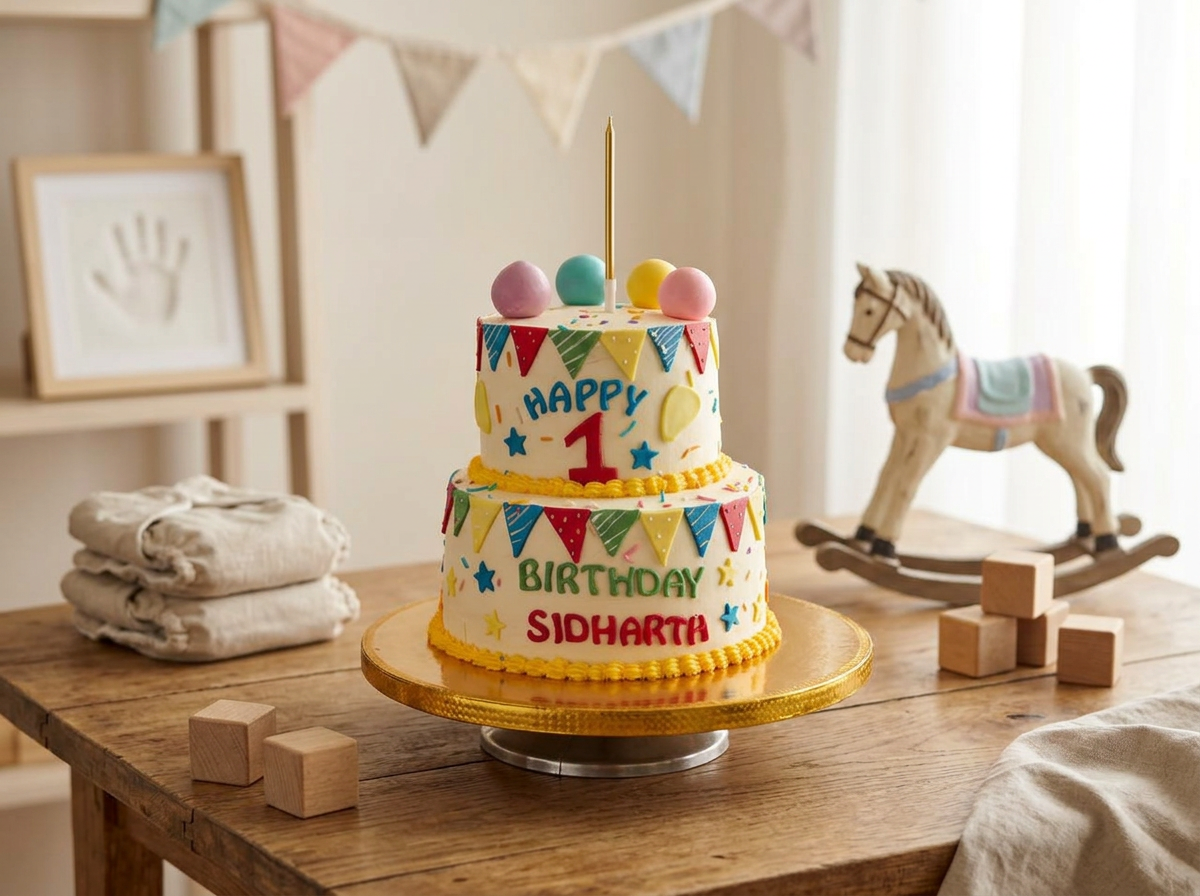 Bunting & Balloons First Birthday Cake — lifestyle view