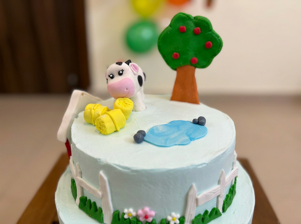 Farmyard 'Turns Three' Red Velvet Cake — closeup view