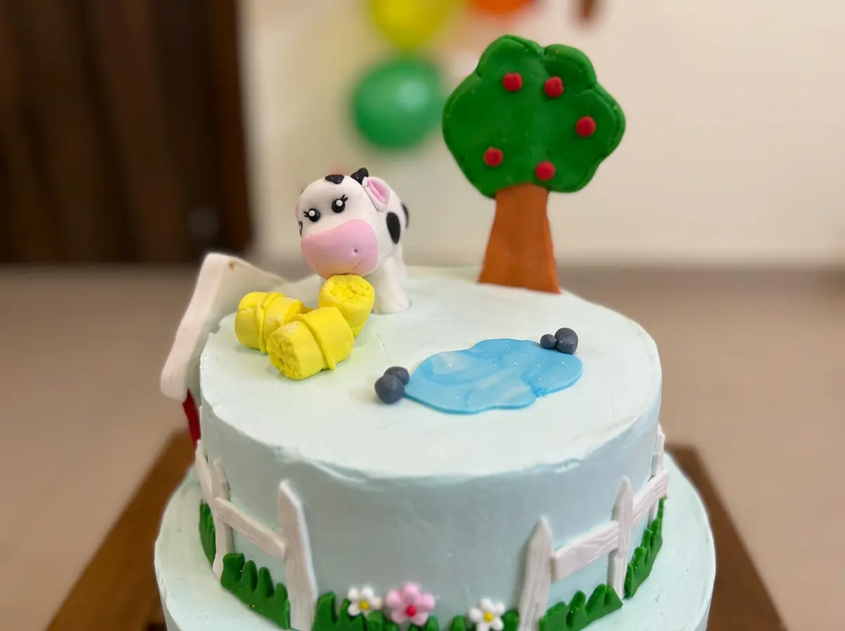 Farmyard 'Turns Three' Red Velvet Cake — closeup view