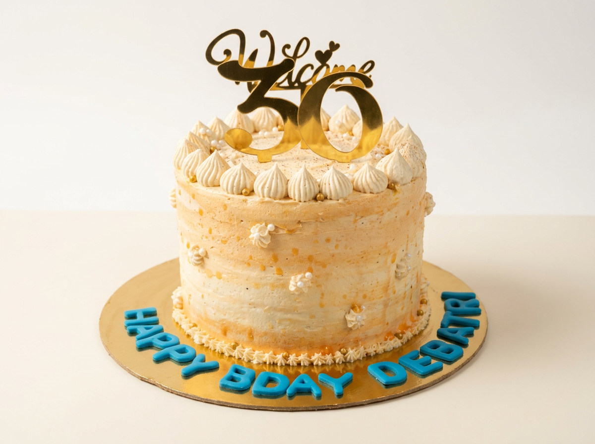 White and peach ombre buttercream cake with piped rosettes and a milestone number topper