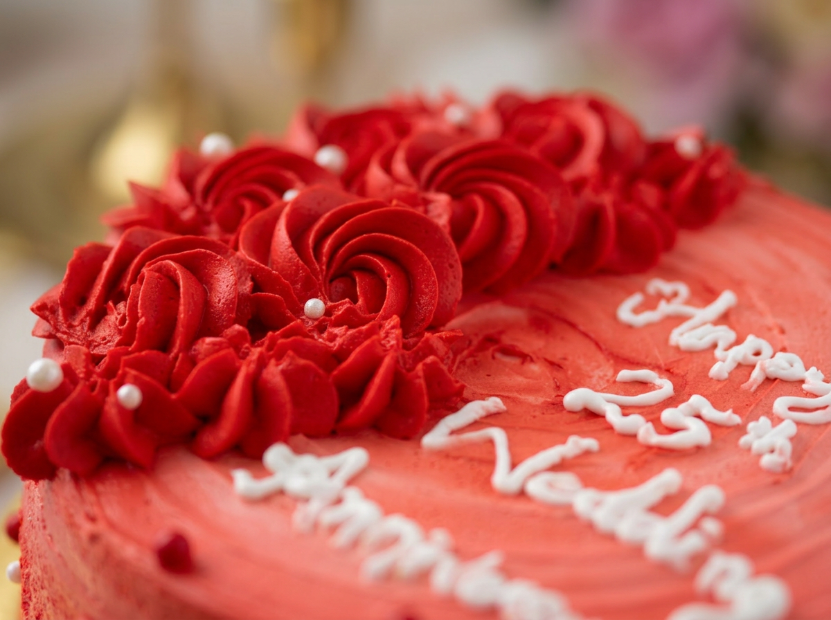 Red Rosette 25th Anniversary Cake — closeup view