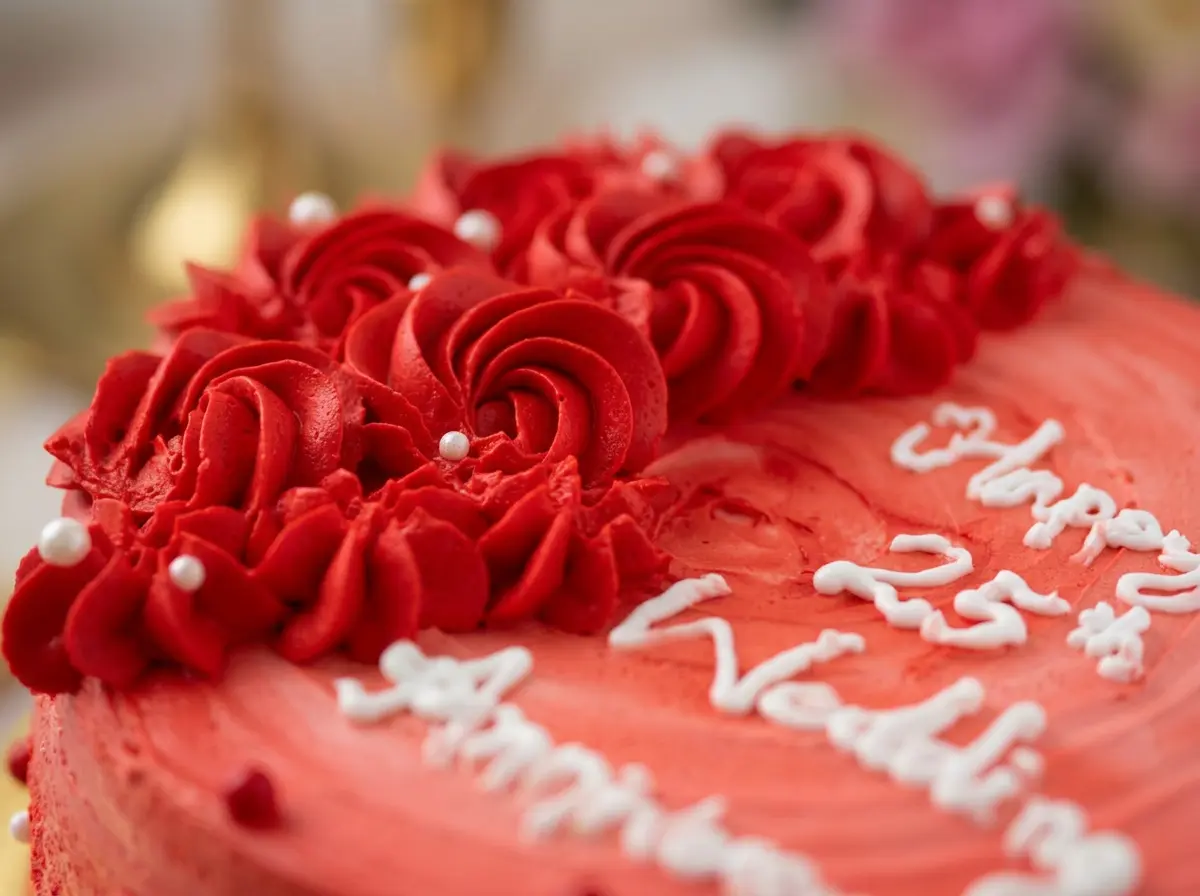 Red Rosette 25th Anniversary Cake — closeup view