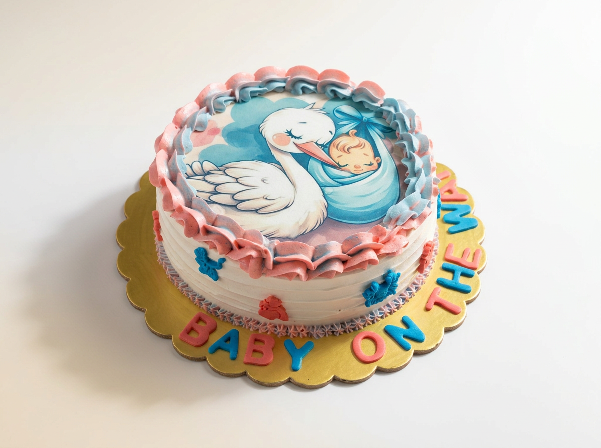 Stork 'Baby On The Way' Shower Cake — studio view