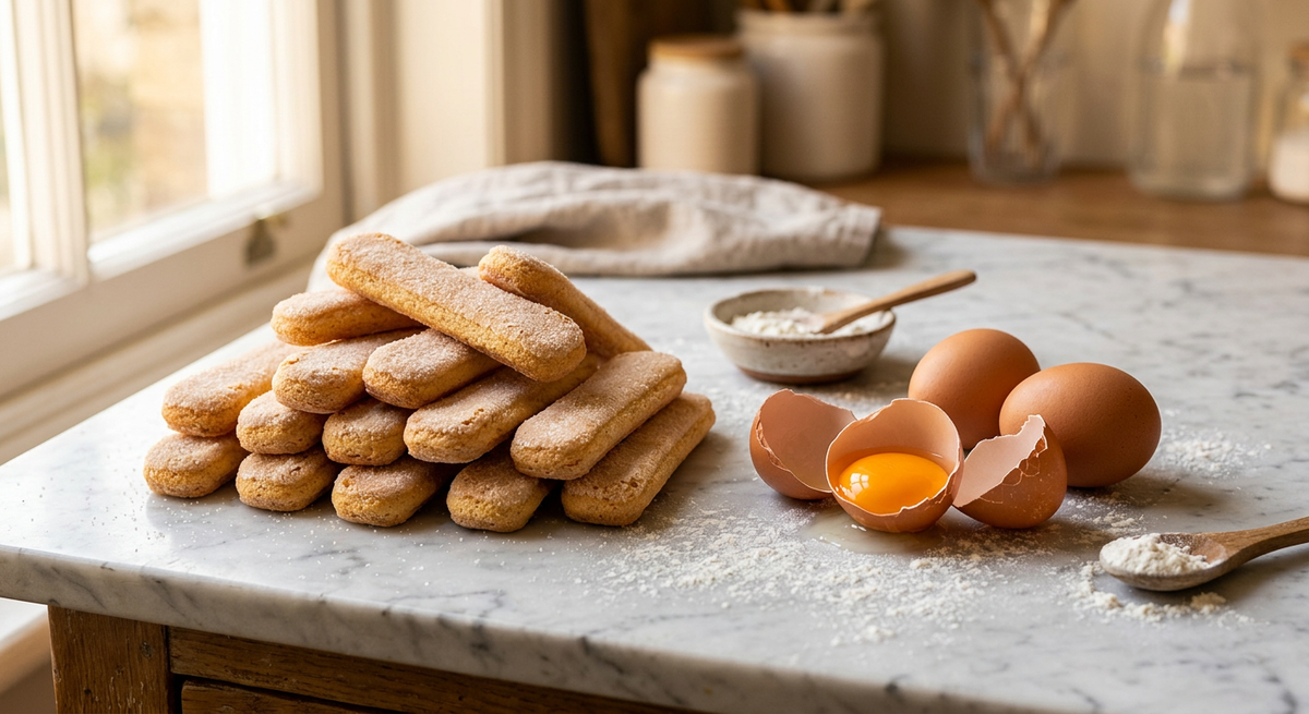Savoiardi ladyfinger biscuits next to whole and cracked eggs
