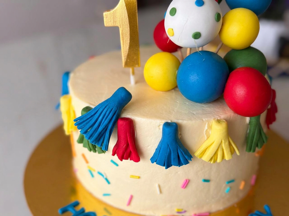 Tassels & Sprinkles First Birthday Cake — closeup view