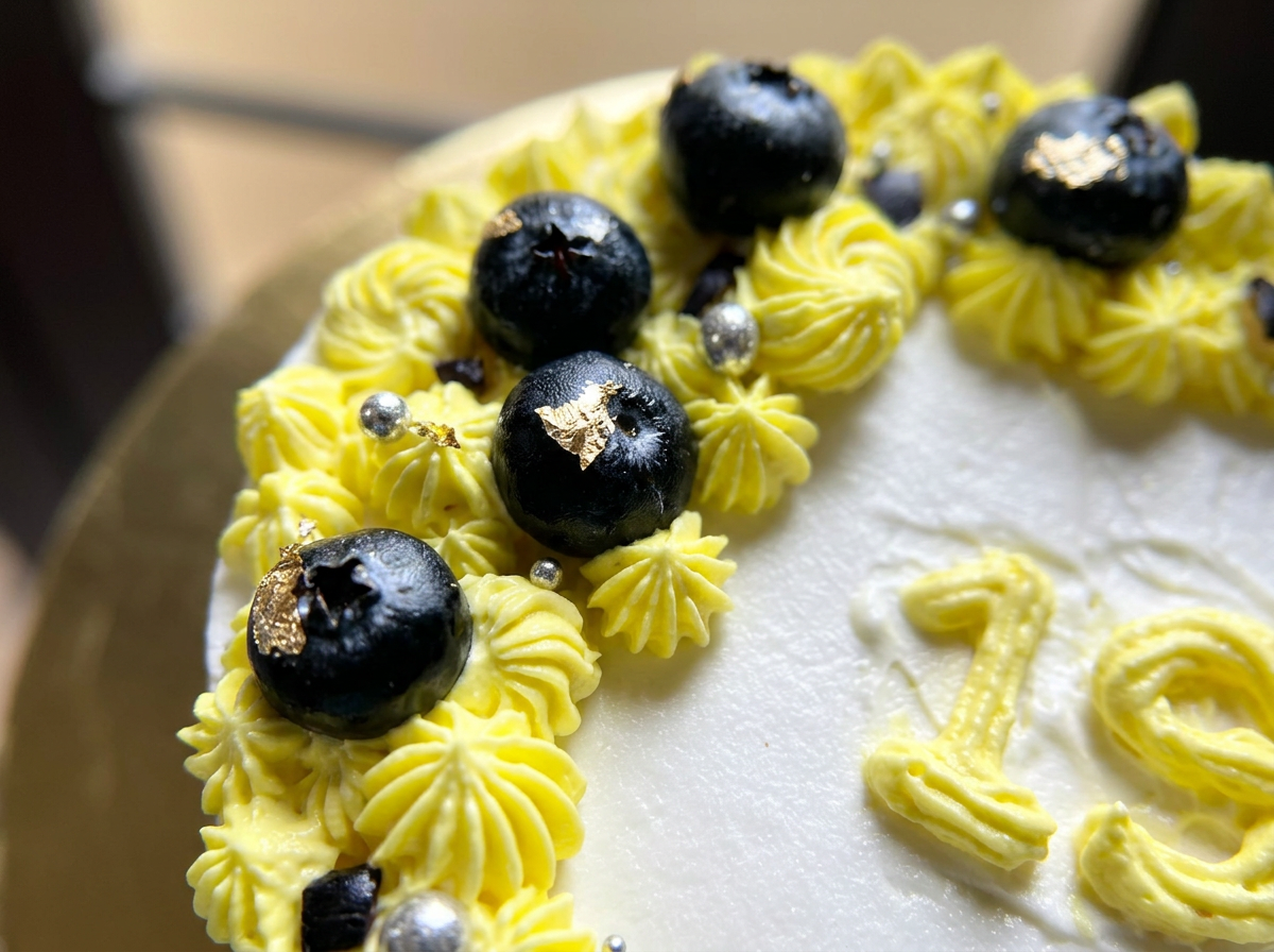 White cake with a crescent of lemon-yellow buttercream rosettes, fresh blueberries and a piped number nineteen
