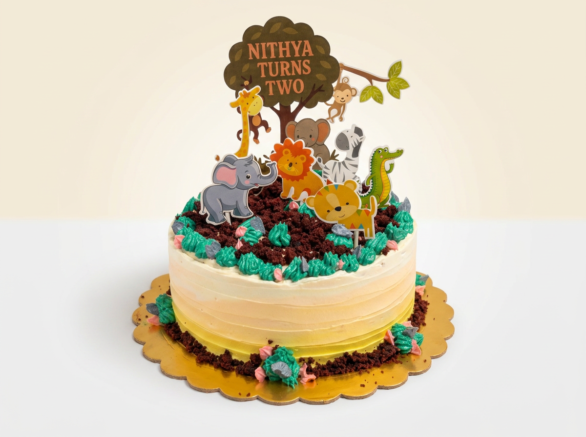 Cream buttercream cake with chocolate-crumb soil, piped green grass and cartoon jungle animal toppers around a tree topper
