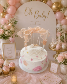 White buttercream baby shower cake decorated with pink sugar petals and a pearl bow topper on a floral dessert table