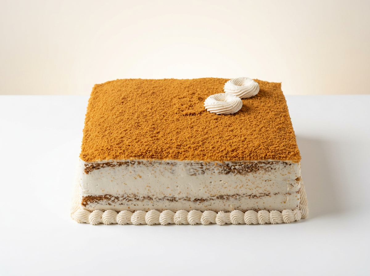Square Lotus Biscoff cake dusted with crushed Biscoff, with cream rosettes and piped cream borders