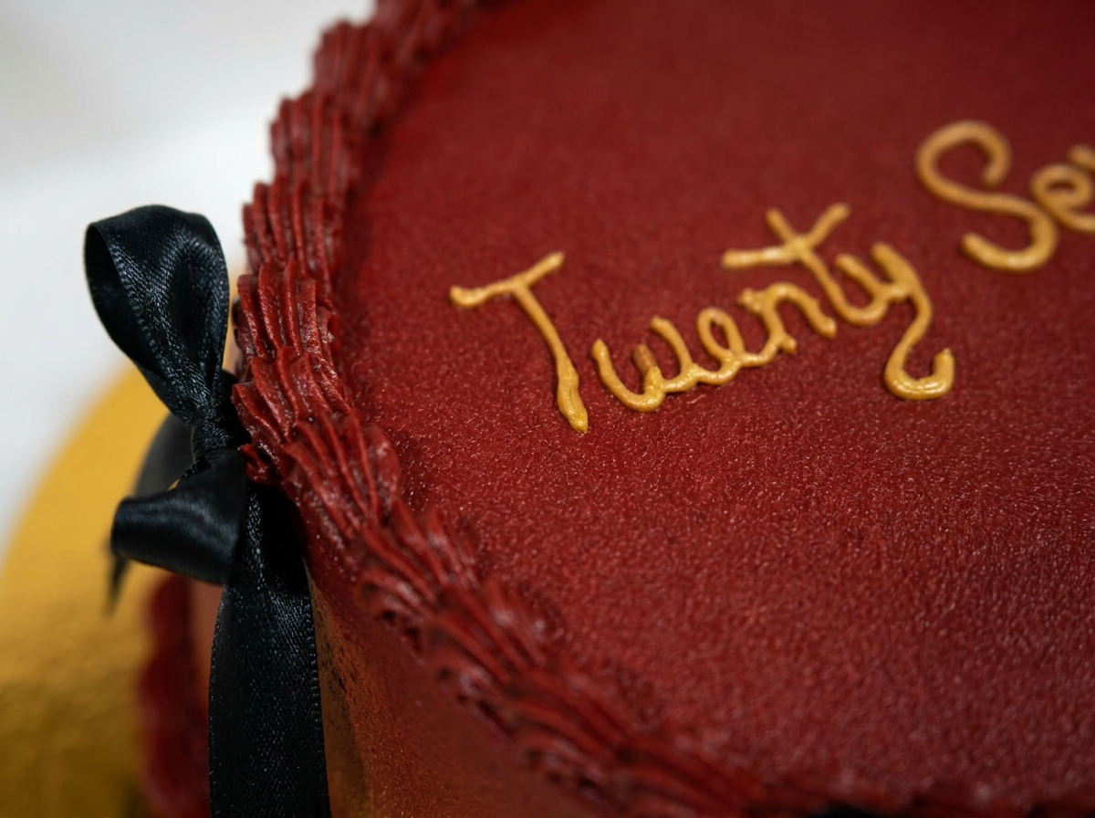 Deep Red 'Twenty Sexy' Birthday Cake — closeup view