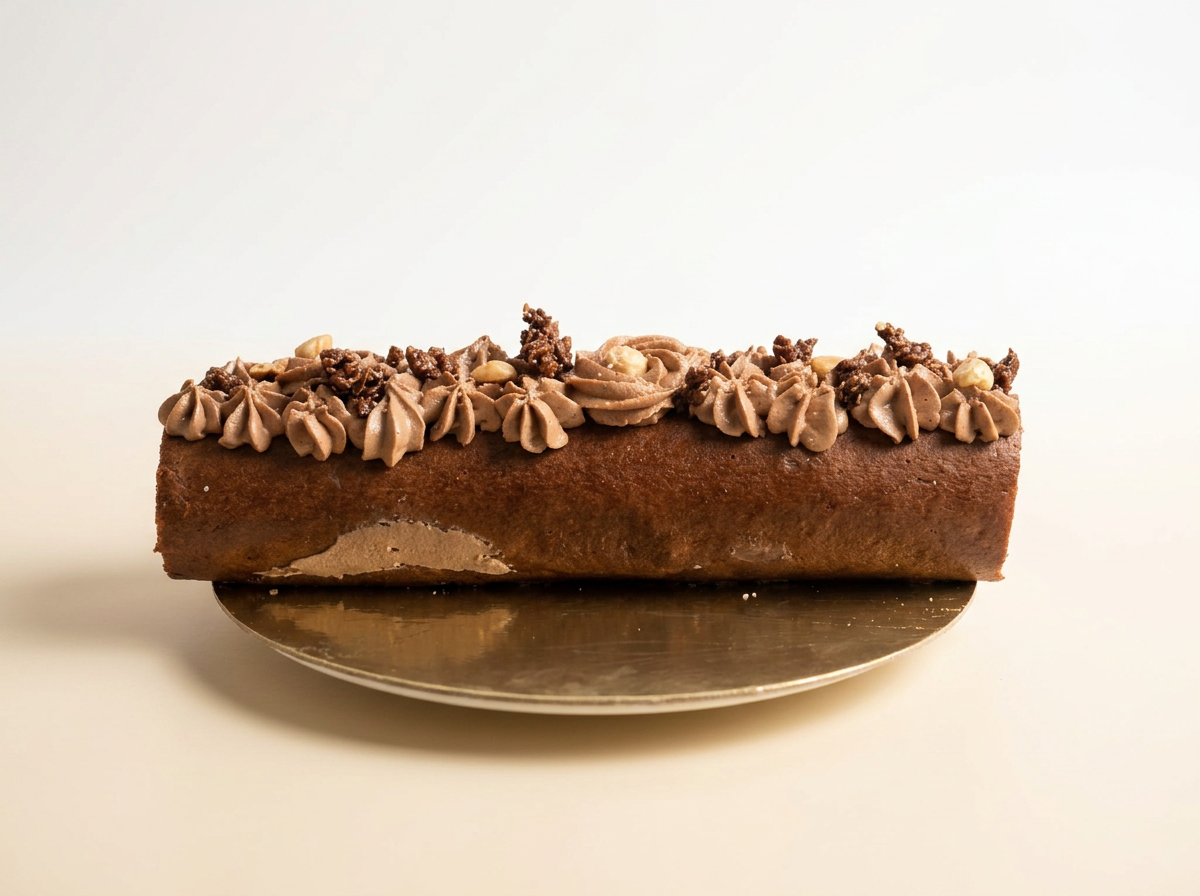 Log-shaped yule log cake finished in whipped chocolate ganache with a hazelnut and chocolate cremeux centre, topped with chocolate rosettes and hazelnuts