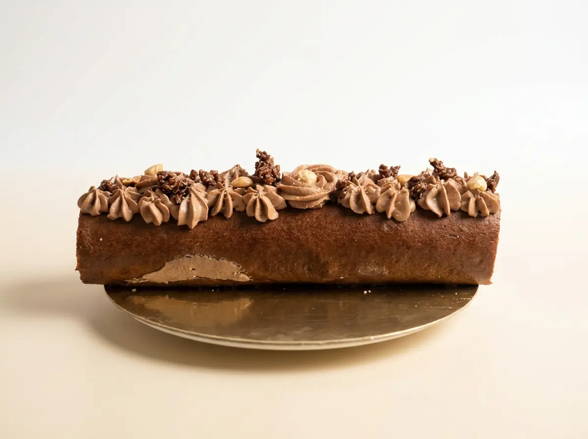 Log-shaped yule log cake finished in whipped chocolate ganache with a hazelnut and chocolate cremeux centre, topped with chocolate rosettes and hazelnuts